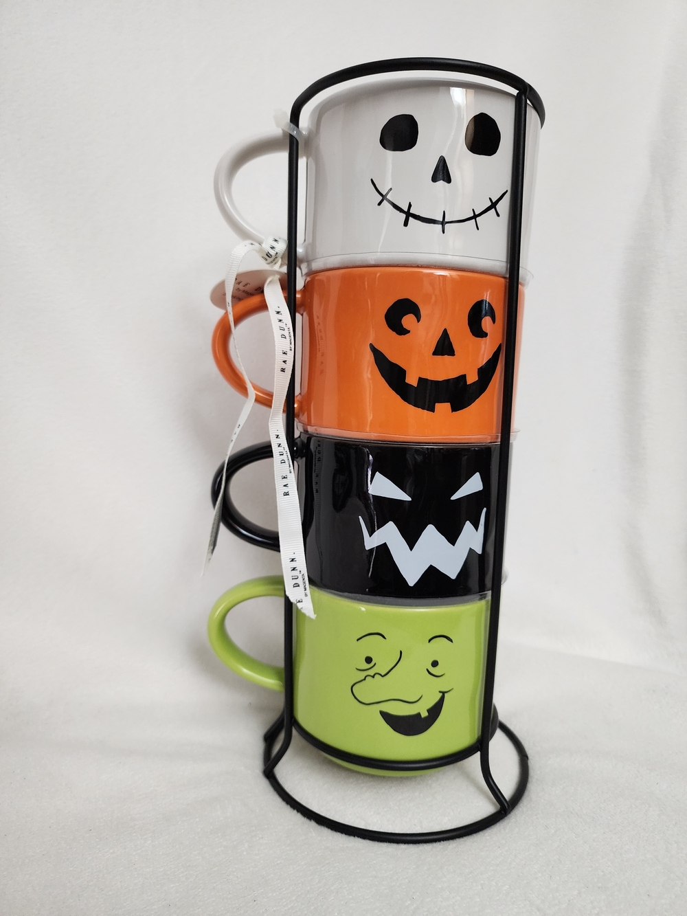 Rae Dunn Halloween Stacked Ceramic Mugs in White, Orange, Black, Green